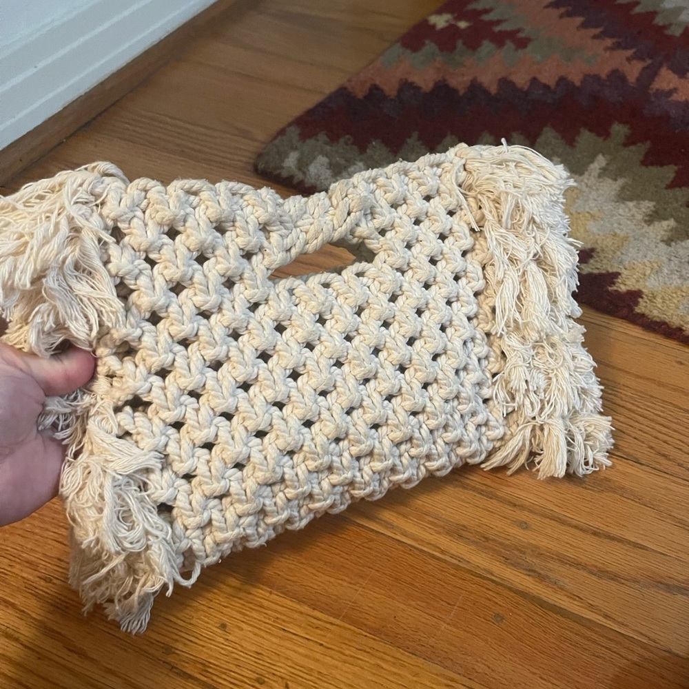 Handcrafted Cream Fringe Clutch